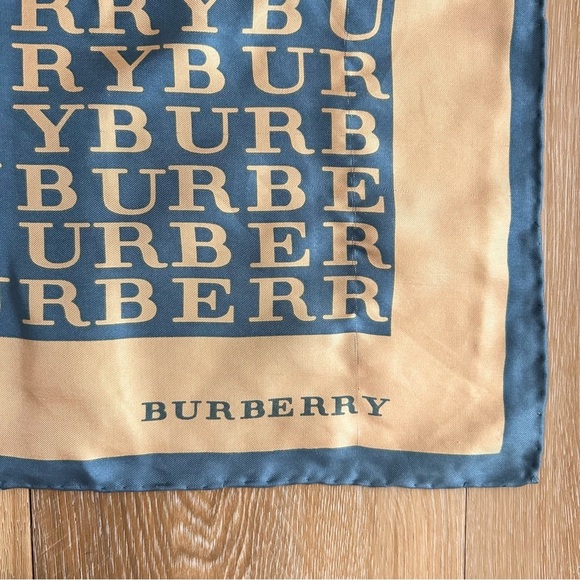 Burberry London Silk Scarf Vintage Logo Print Blue Beige 35x34.5” - Picture 3 of 4